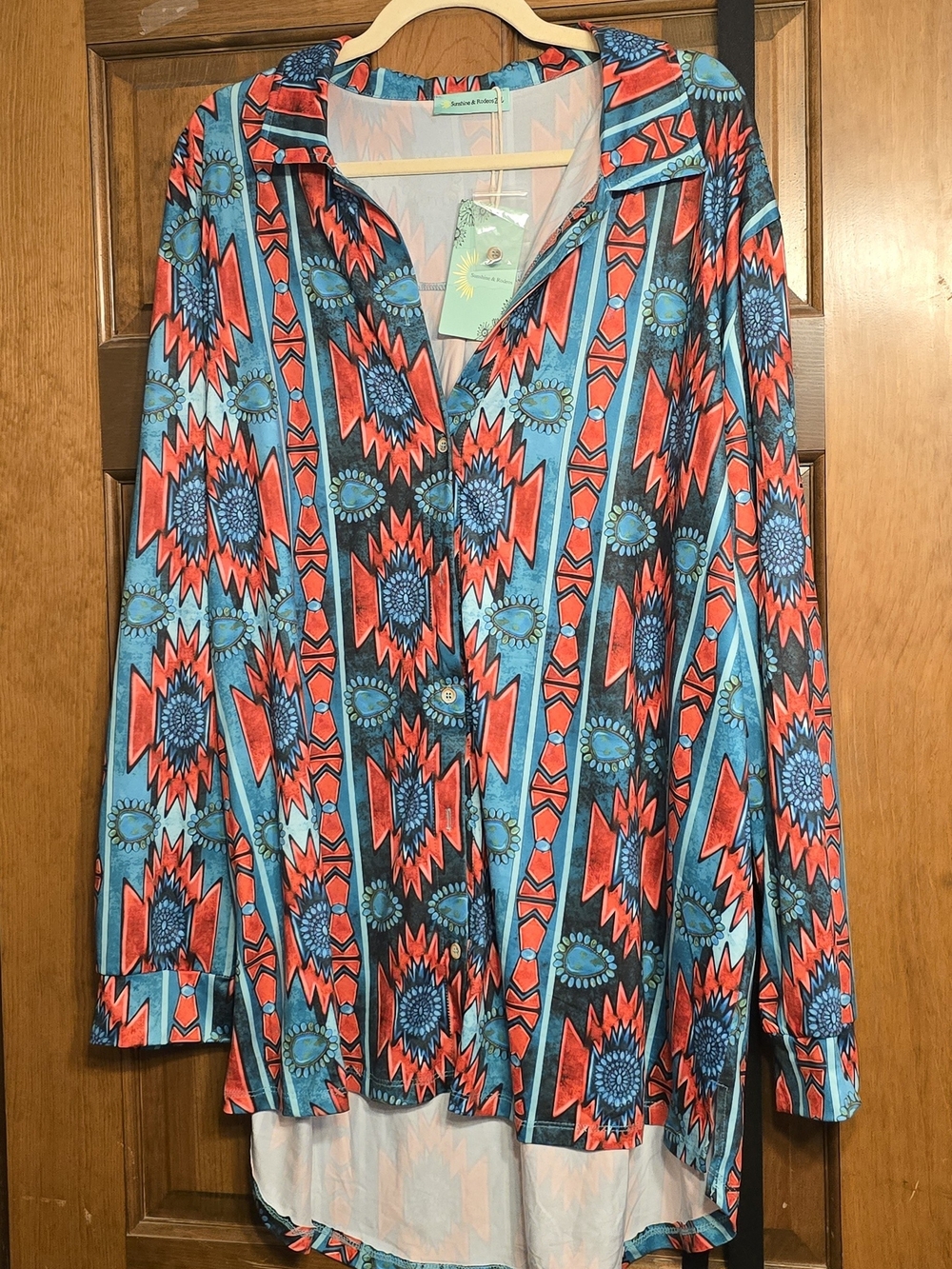 Aztec Print Button-Front Tunic Top - Turquoise & Red